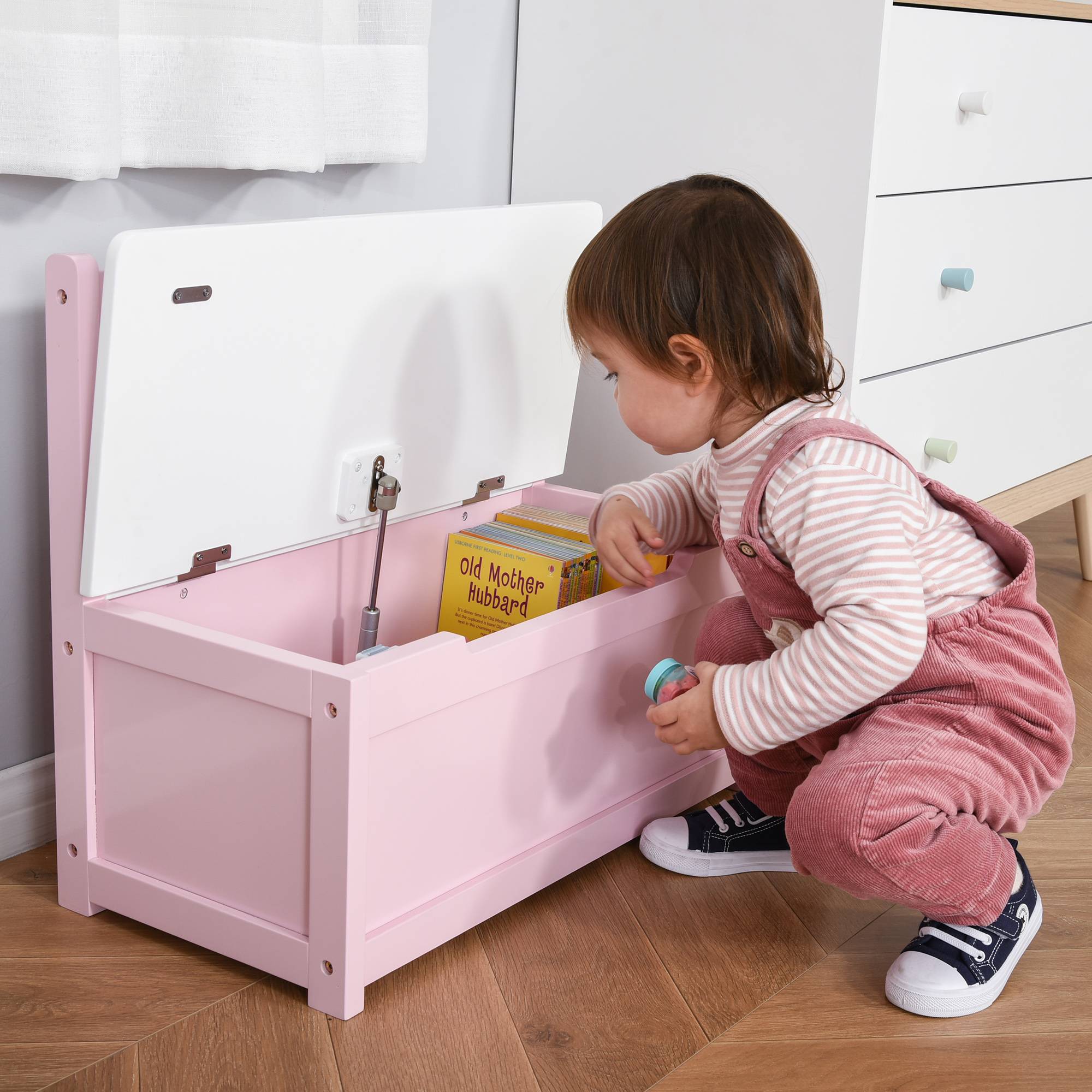 Banc de Rangement Enfant avec Dossier et Couvercle Amorti, 40 kg, Salle de Jeux/Chambre, 60 x 30 x 50 cm, Rose/Blanc - Image 3
