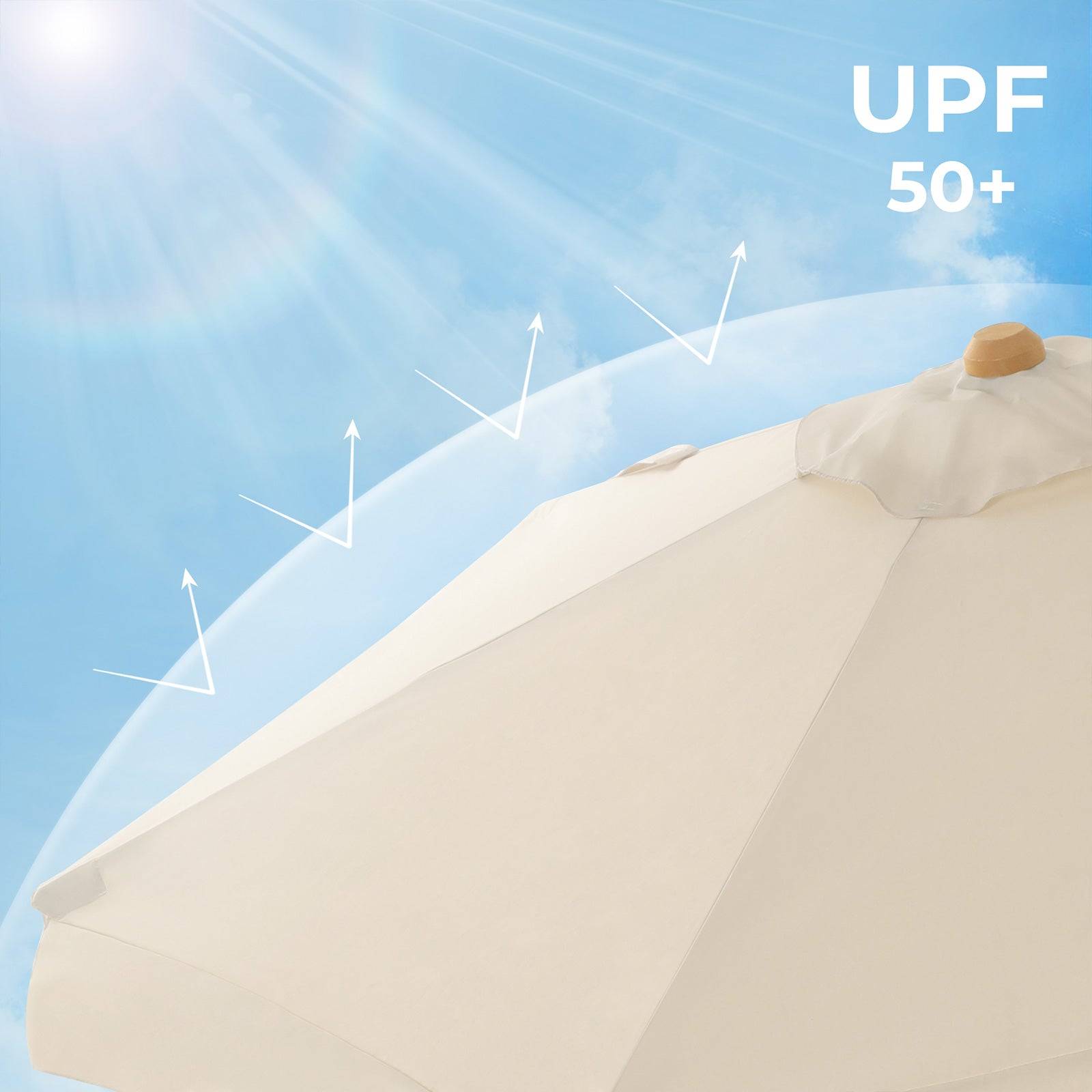 Helloshop26 - Parasol 3 m ombrelle octogonal protection solaire anti-uv UPF 50+ mât et baleines en bois inclinable sans socle pour terrasse balcon jardin beige gpu - Imagen 2