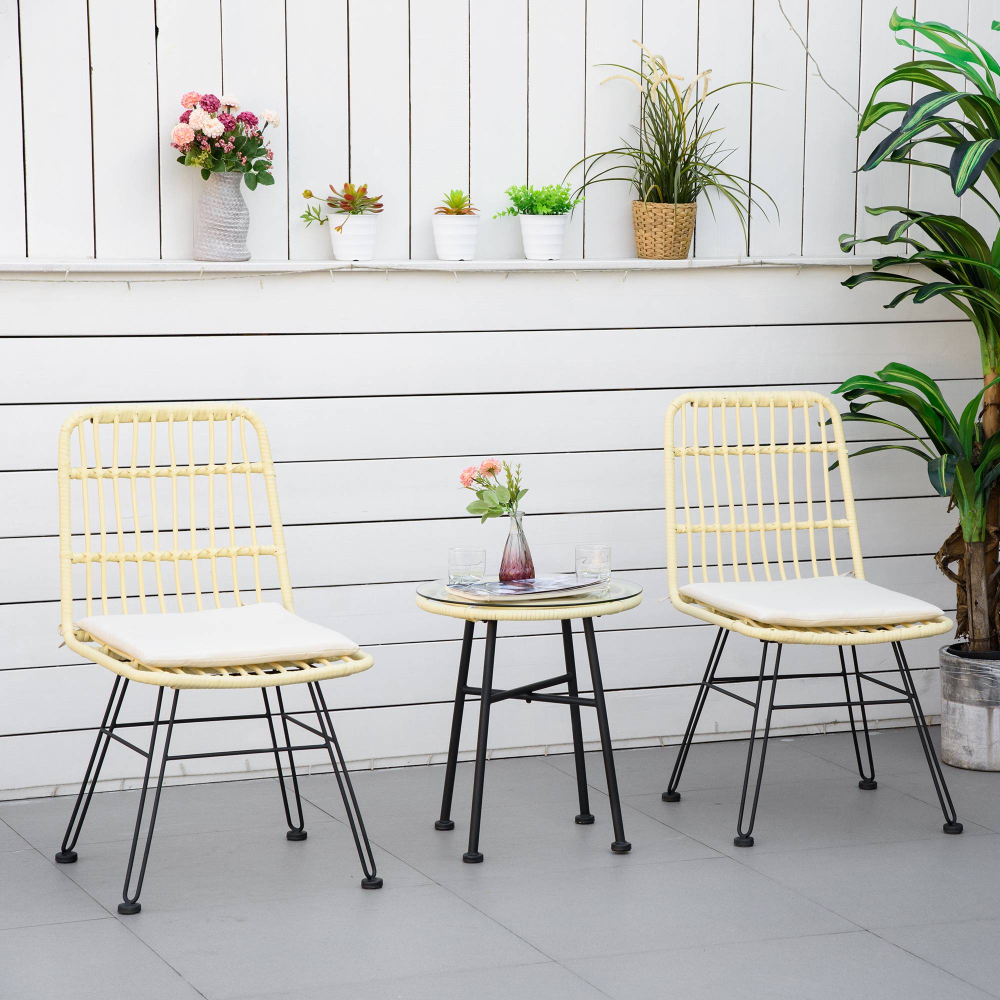 Outsunny - Ensemble bistro de jardin 2 places 3 pièces style exotique 2 chaises + table basse ronde métal époxy noir résine tressée beige - Outsunny - Imagen 2