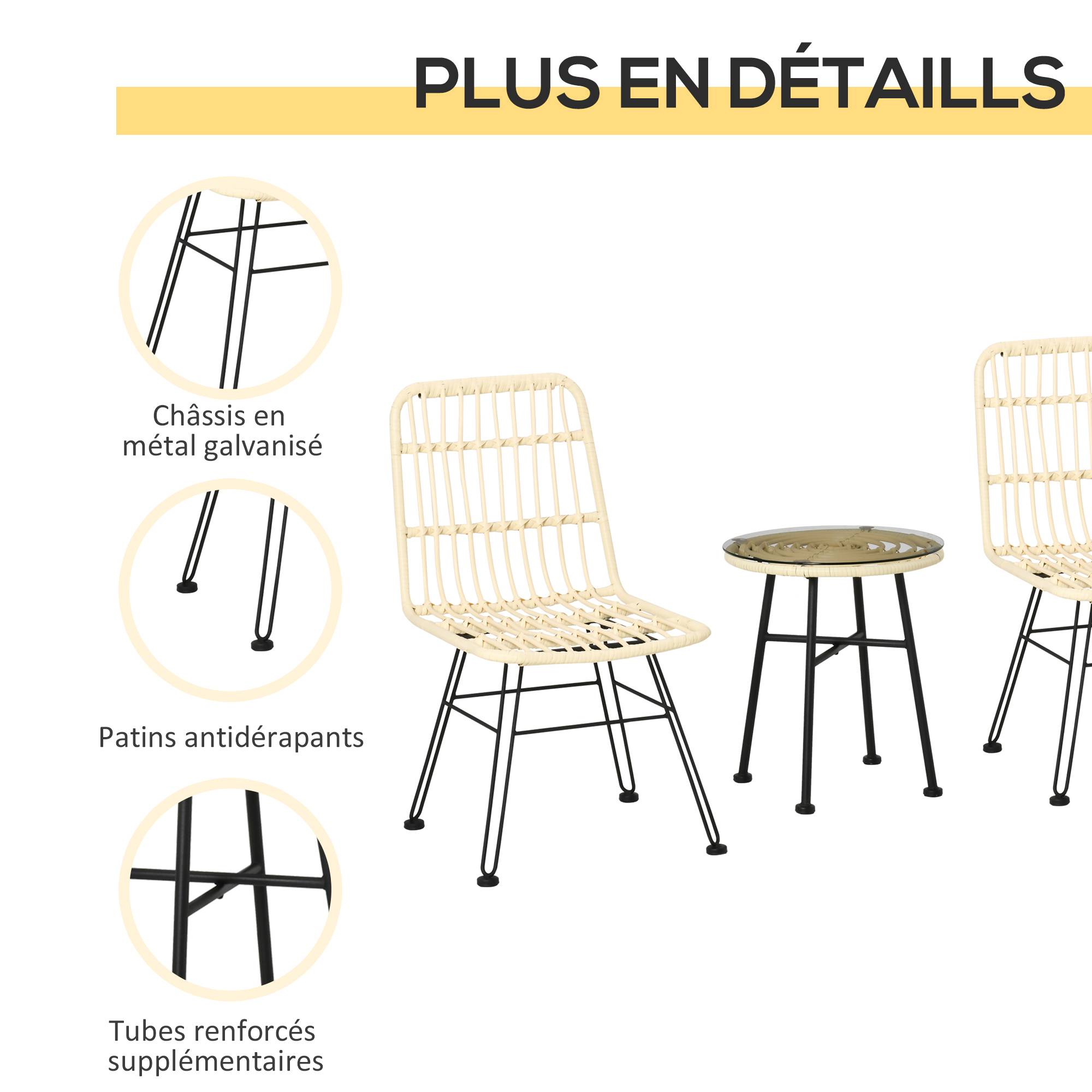 Outsunny - Ensemble bistro de jardin 2 places 3 pièces style exotique 2 chaises + table basse ronde métal époxy noir résine tressée beige - Outsunny - Imagen 7