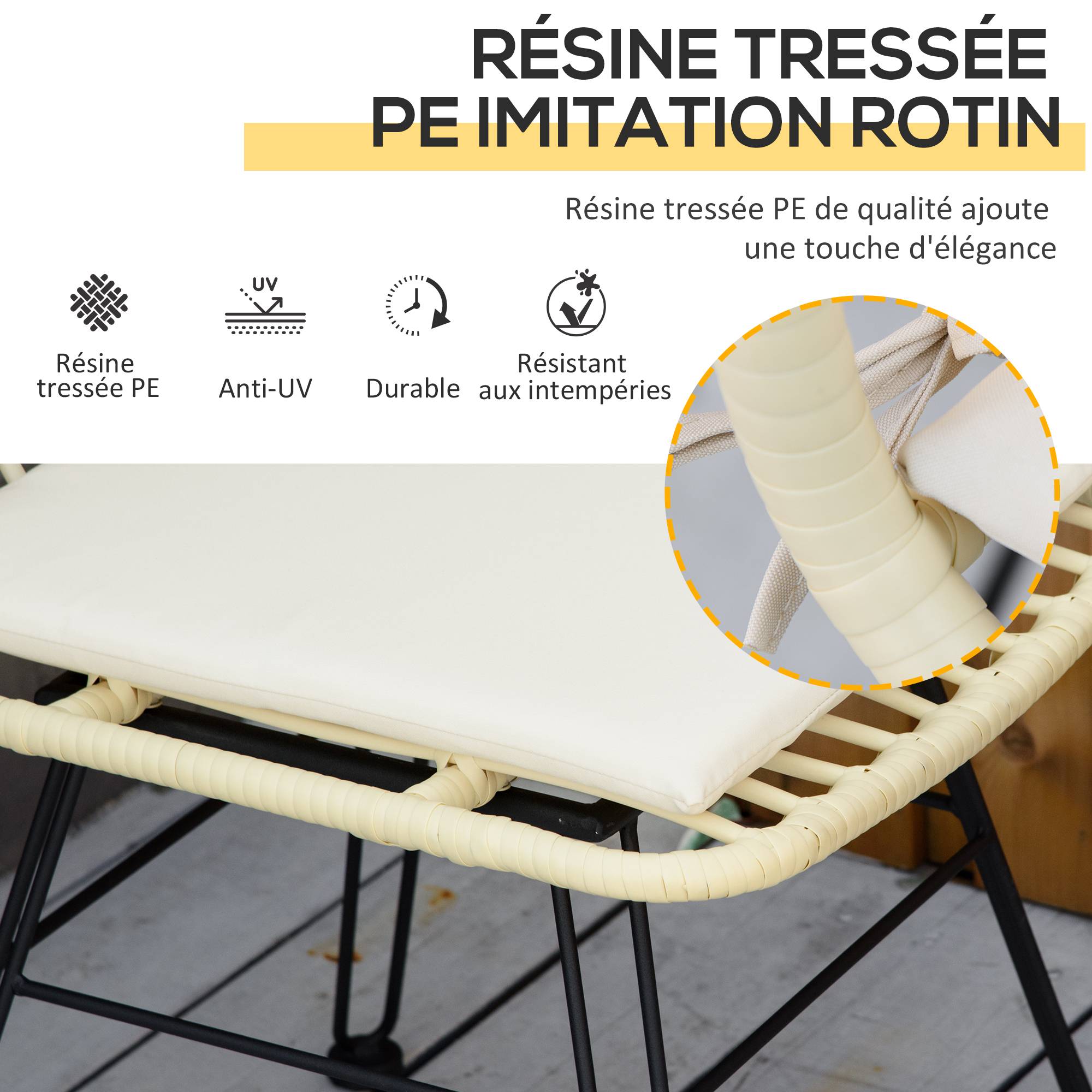 Outsunny - Ensemble bistro de jardin 2 places 3 pièces style exotique 2 chaises + table basse ronde métal époxy noir résine tressée beige - Outsunny - Imagen 5