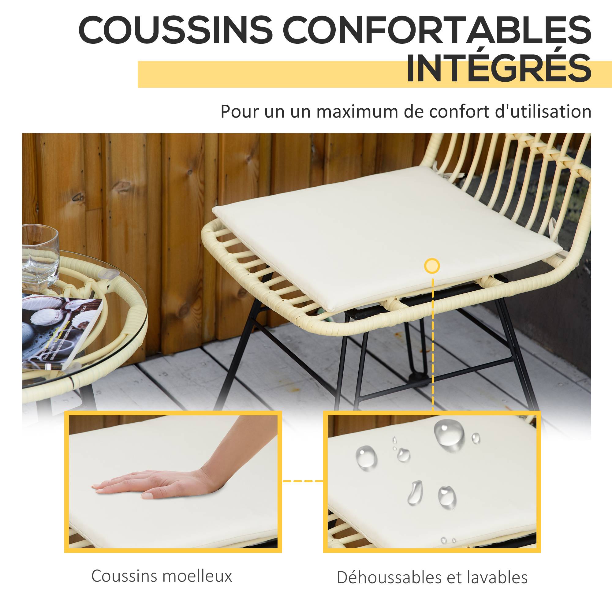 Outsunny - Ensemble bistro de jardin 2 places 3 pièces style exotique 2 chaises + table basse ronde métal époxy noir résine tressée beige - Outsunny - Imagen 6