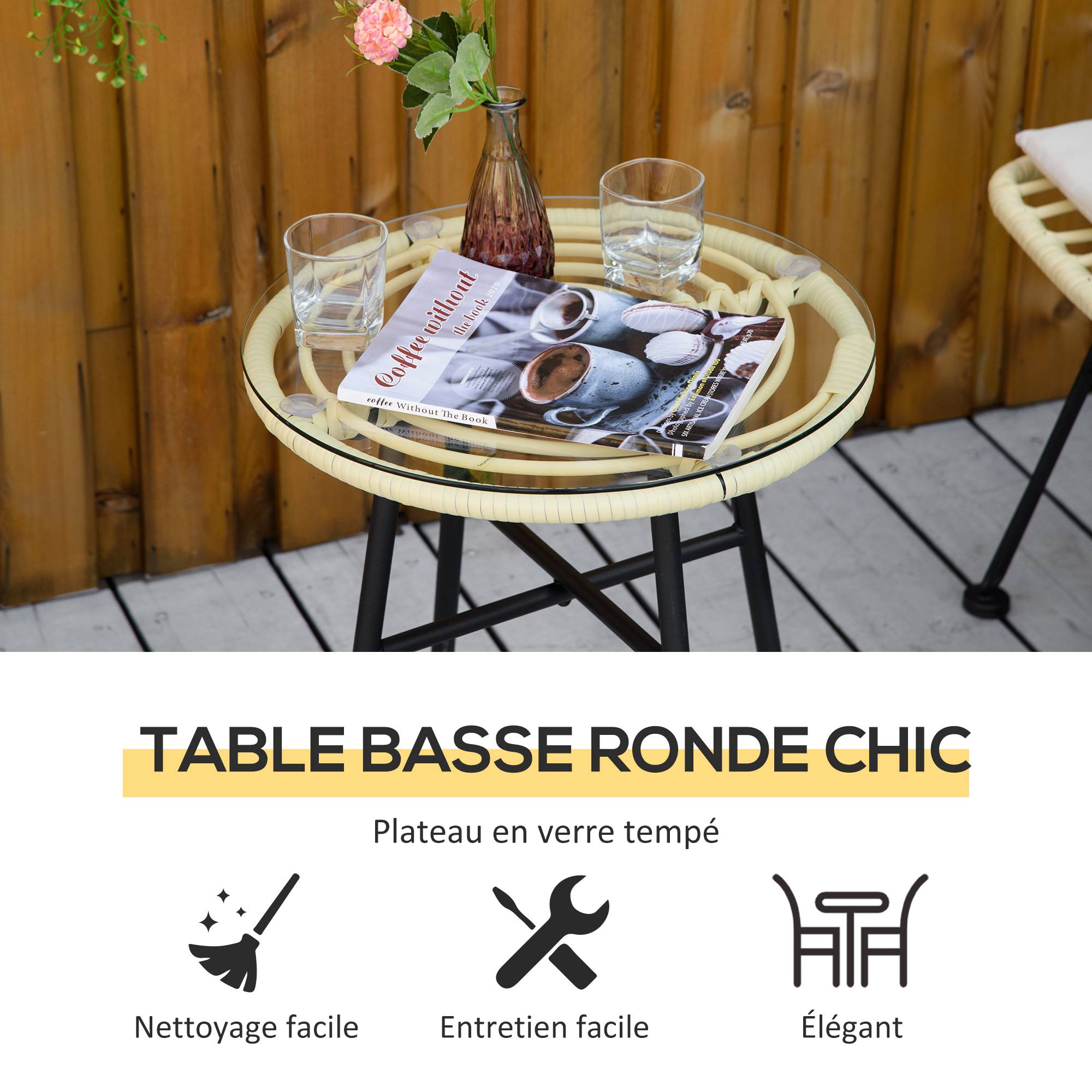 Outsunny - Ensemble bistro de jardin 2 places 3 pièces style exotique 2 chaises + table basse ronde métal époxy noir résine tressée beige - Outsunny - Imagen 4