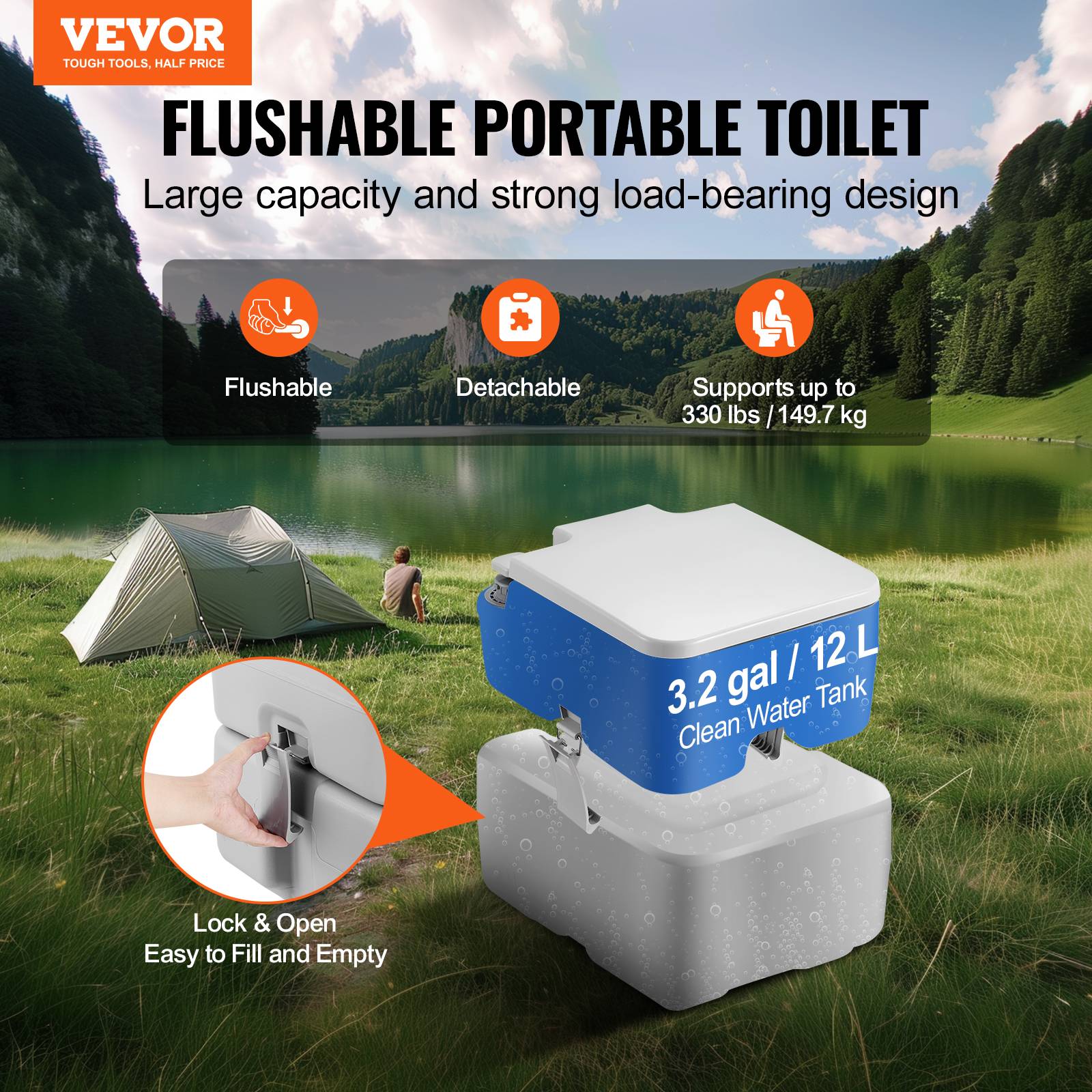VEVOR Toilette portable chasse eau, 20 L matières, 12 L eau. Camping-car. - Image 2