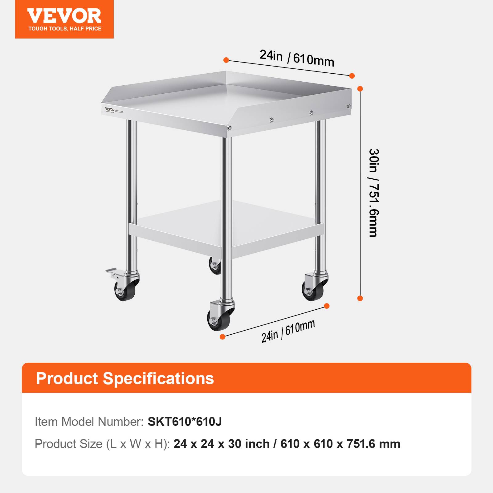 VEVOR Table préparation métal 24"x24"x30", inox, 4 roulettes. Pour préparation aliments restaurants/maisons. - Image 7