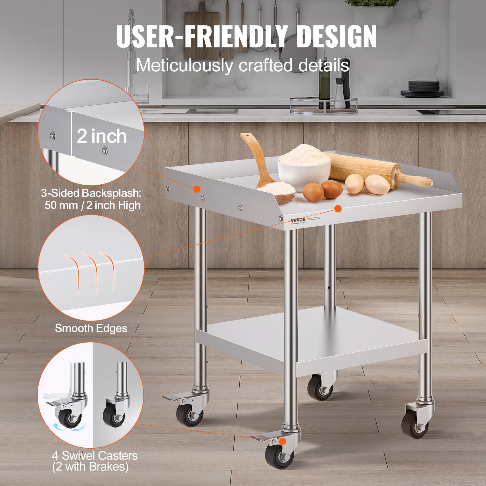 VEVOR Table préparation métal 24"x24"x30", inox, 4 roulettes. Pour préparation aliments restaurants/maisons. - Image 4