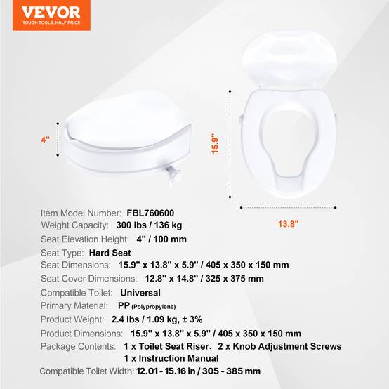 Vevor - VEVOR Rehausseur toilette universel 100 mm haut, charge 136 kg PP, verrouillage tige à vis pour seniors/patients. - Image 7