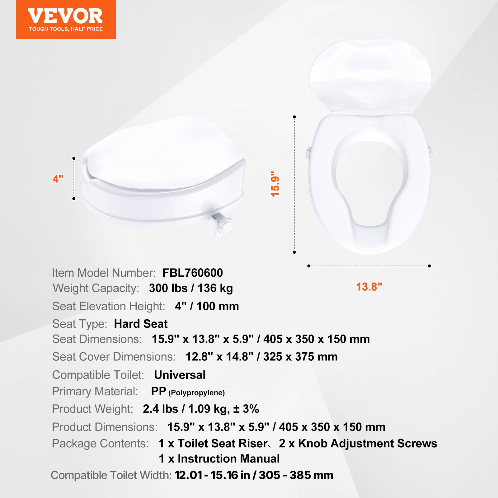 Vevor - VEVOR Rehausseur toilette universel 100 mm haut, charge 136 kg PP, verrouillage tige à vis pour seniors/patients. - Image 7