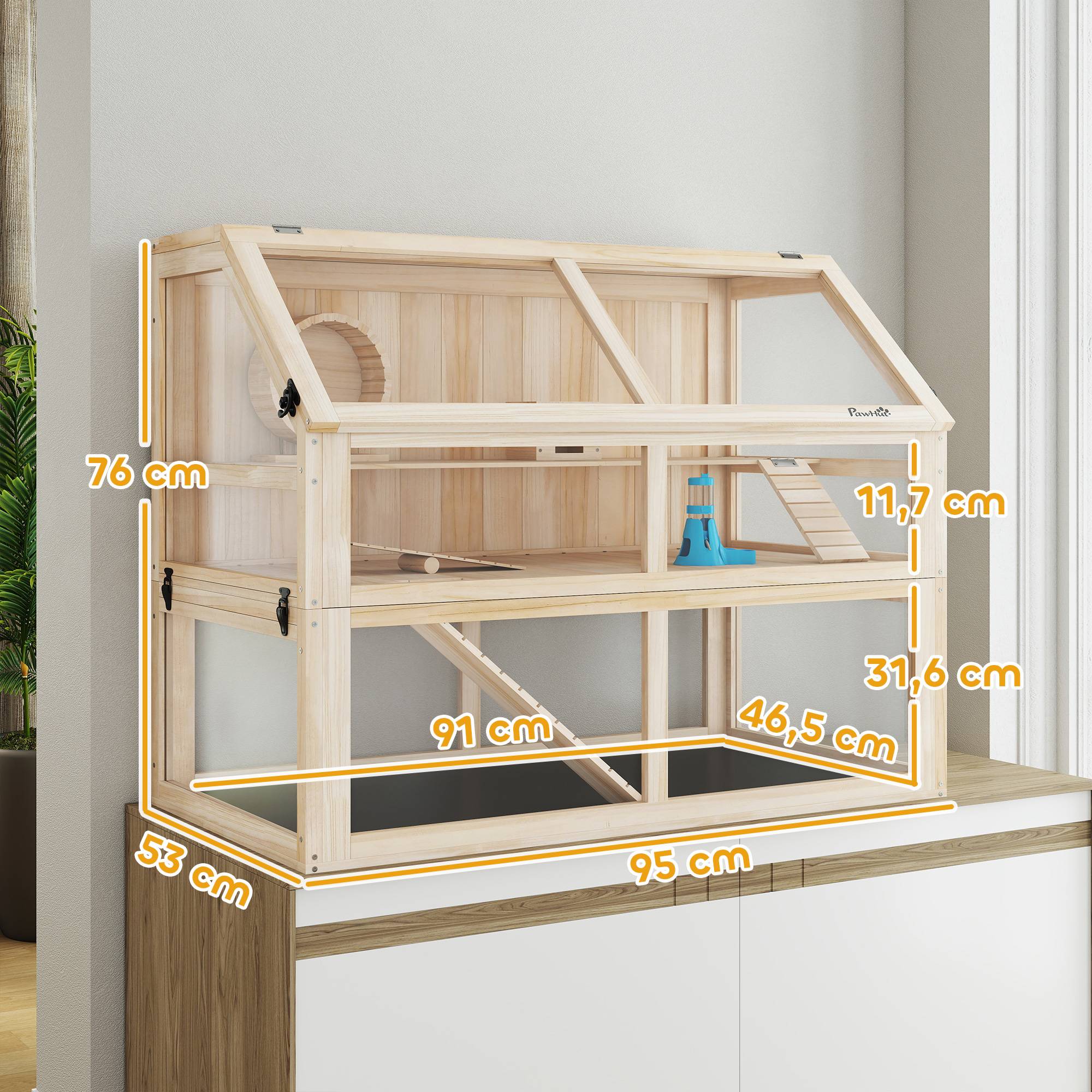 Cage hamster bois 3 étages, balançoire, roue, cabane, 95x53x76cm, bois naturel - Image 5