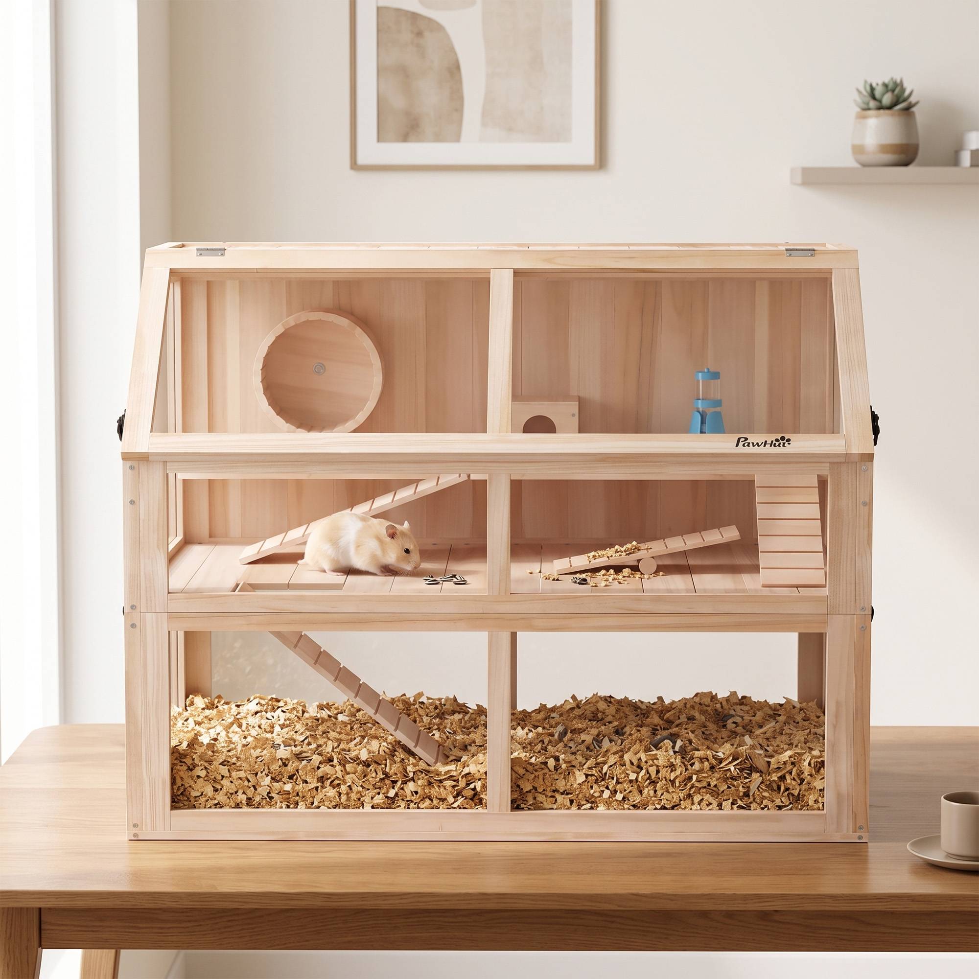 Cage hamster bois 3 étages, balançoire, roue, cabane, 95x53x76cm, bois naturel - Image 10