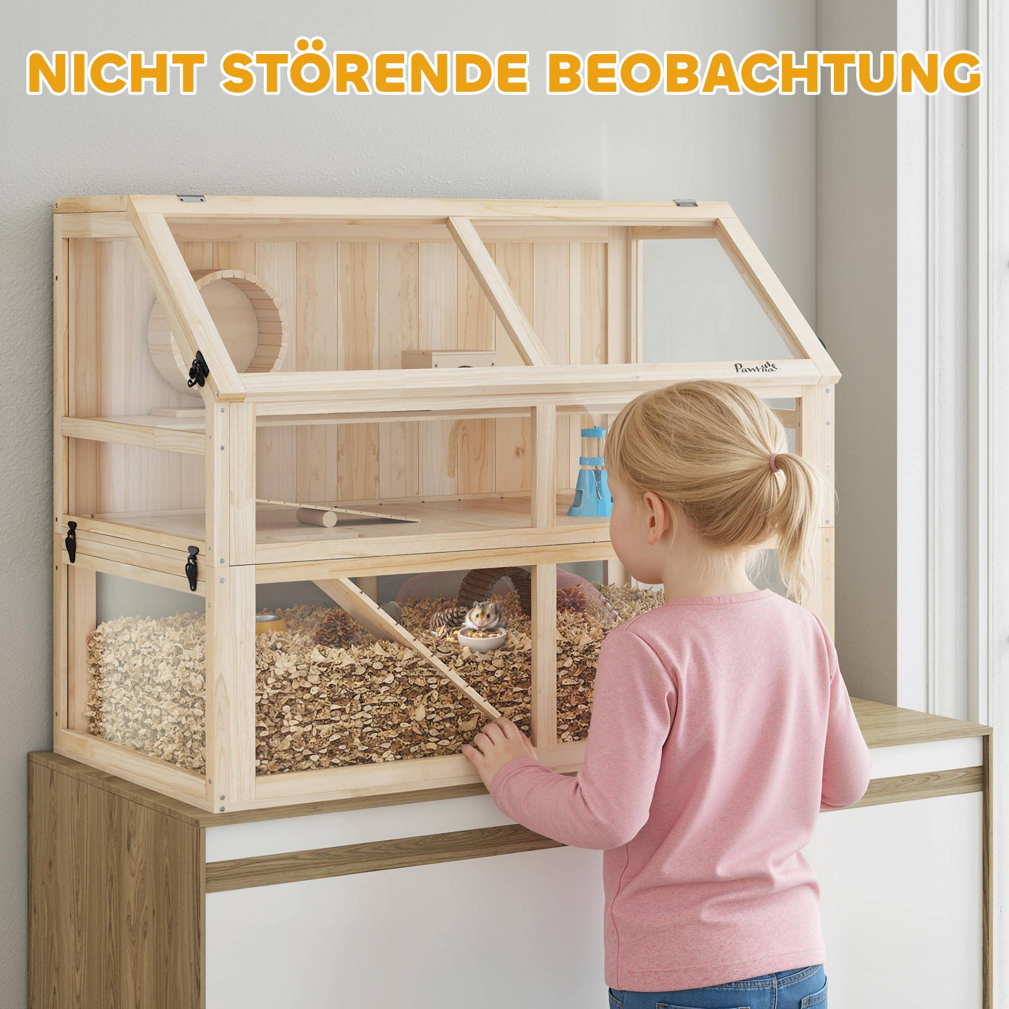 Cage hamster bois 3 étages, balançoire, roue, cabane, 95x53x76cm, bois naturel - Image 9