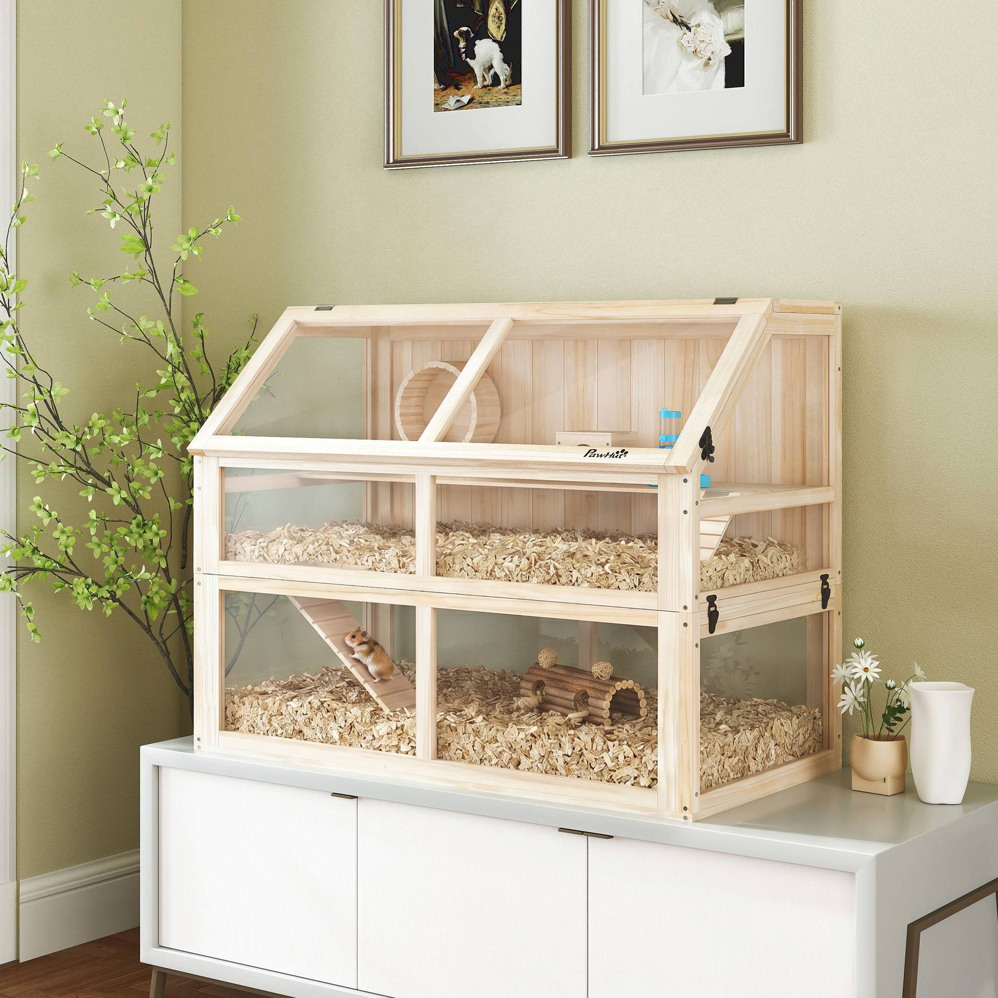 Cage hamster bois 3 étages, balançoire, roue, cabane, 95x53x76cm, bois naturel - Image 3