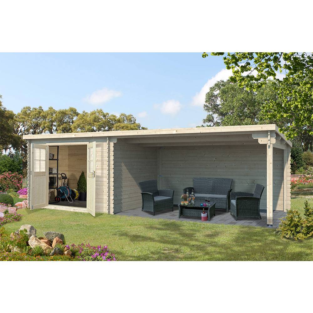 Eden Partenaire Jardin - Abri de jardin en bois mono pente de 9m² avec auvent de 12m²