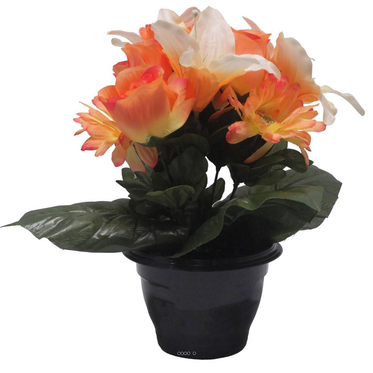 Artificielles - Pot pour Tombe de Bouton de Rose, Gerbera et Lys tigré Orange artificiels - Toussaint - couleur: Orange - Imagen 1