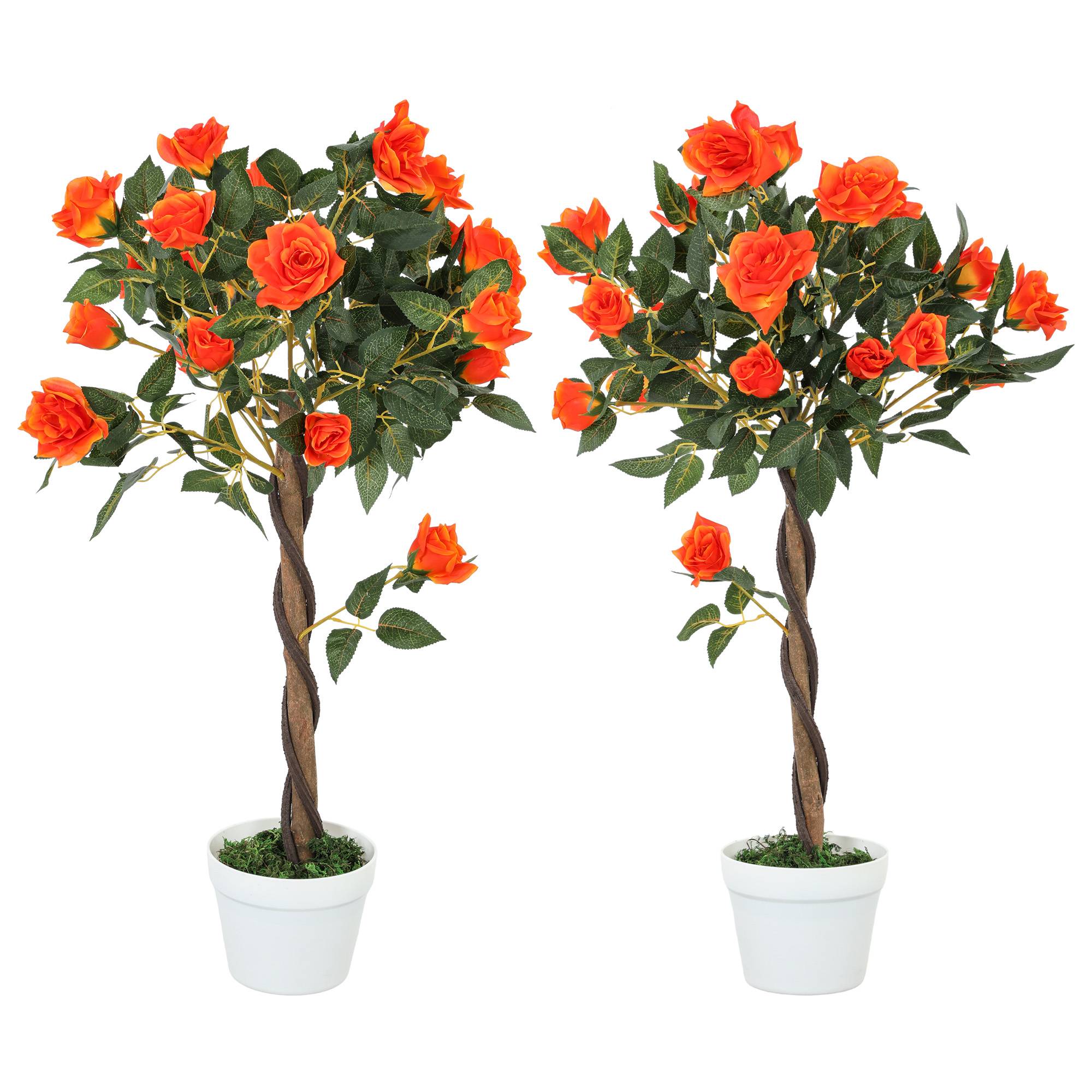 Rosier artificiel à 21 fleurs, pot en ciment rempli de mousse, Ø18 x 90 cm, orange - Image 2