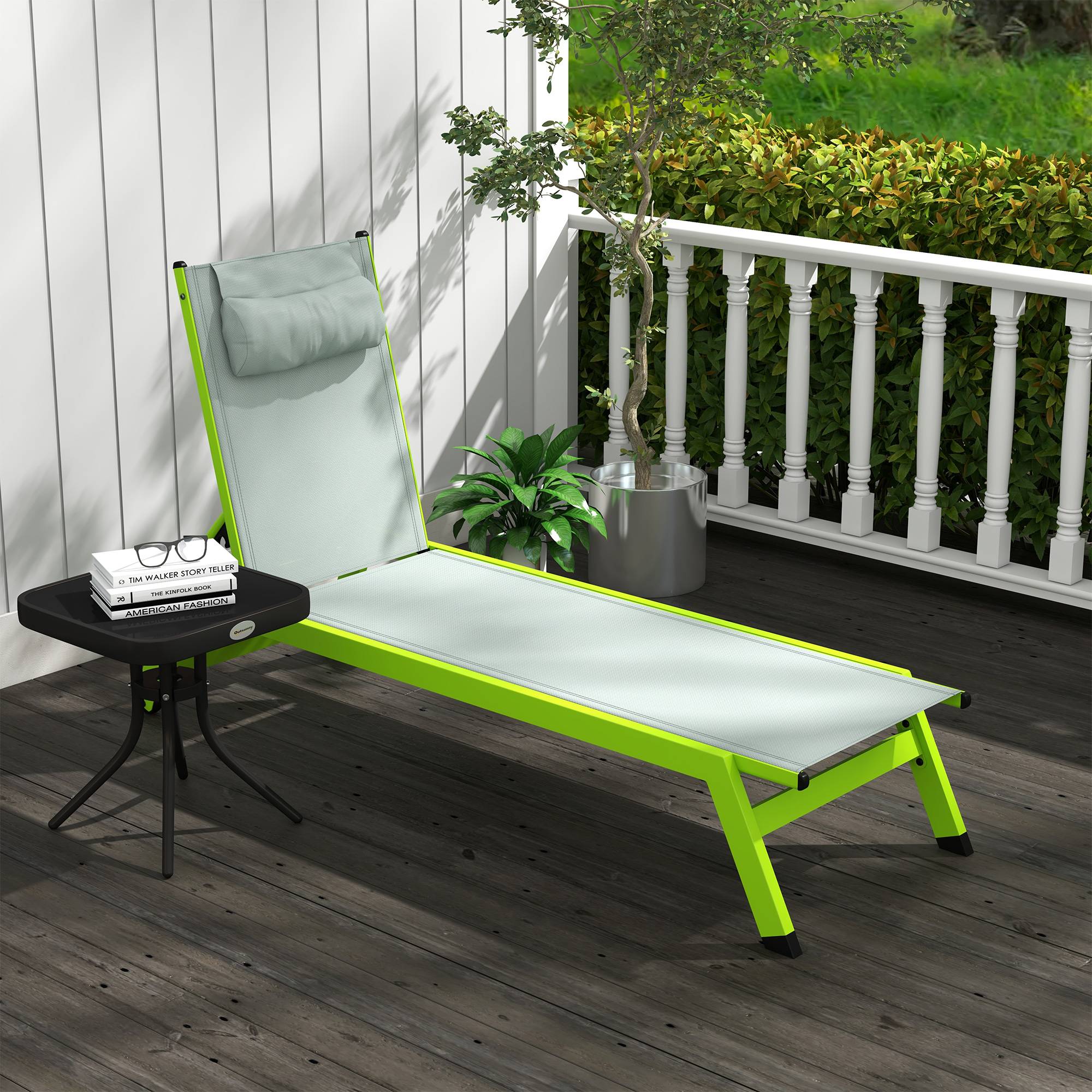 Outsunny - Bain de soleil transat inclinable 5 positions - tétière, 2 roulettes - alu. textilène vert - Outsunny - Imagen 2