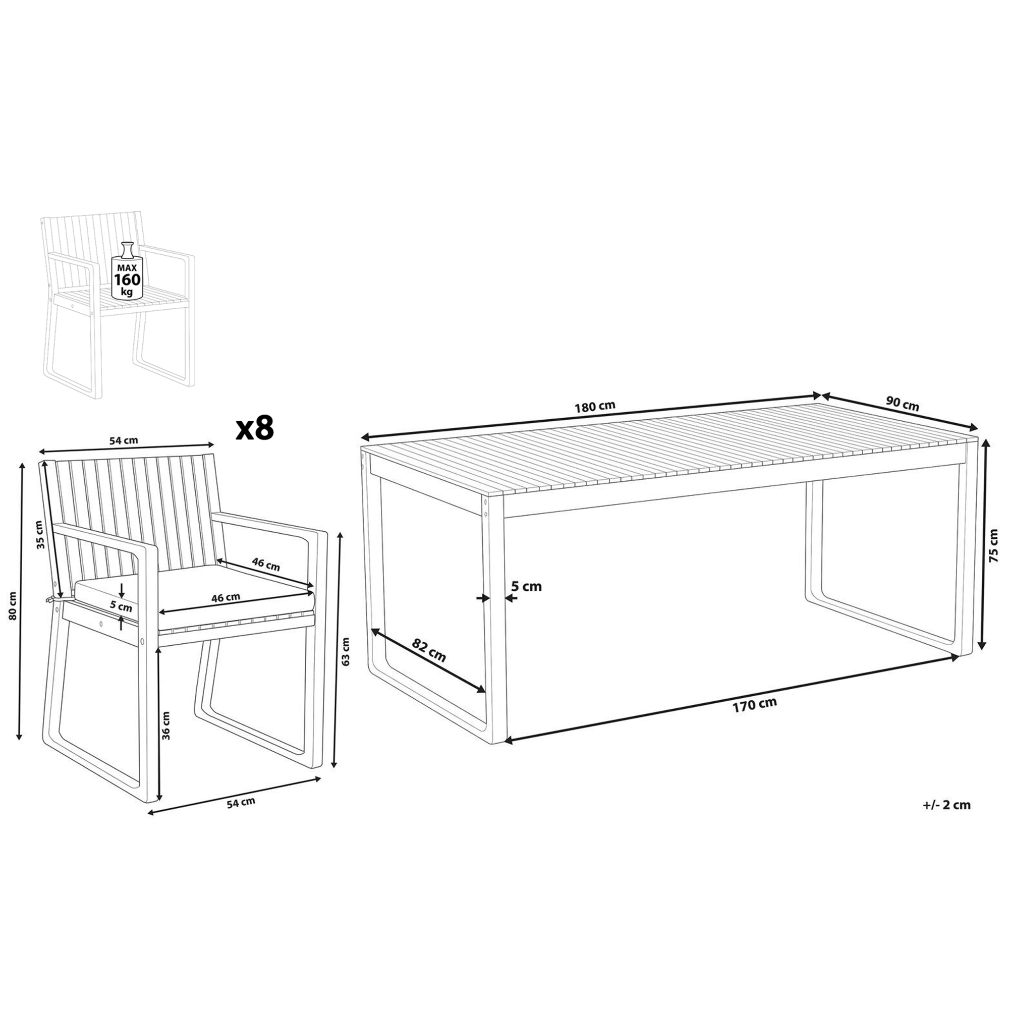 Beliani - Ensemble de Jardin composé d'une Table 180 x 90 cm et de 8 Chaises en Bois d'Accacia avec Coussins d'Assise Gris Beliani - Imagen 3