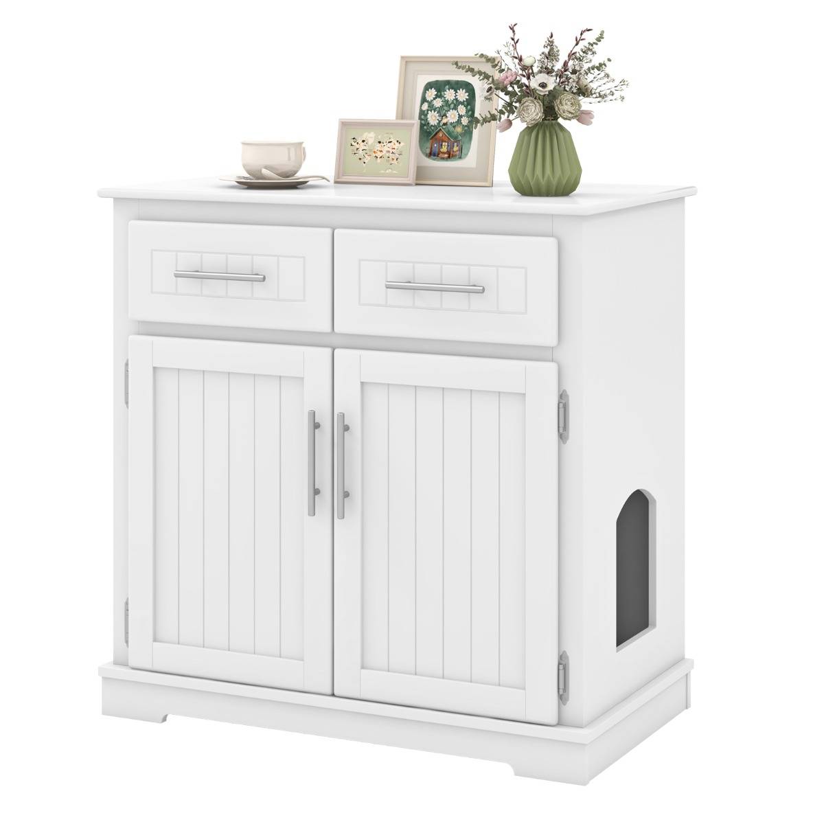 Maison Chic - Meuble pour Bac à Litière pour Chat Armoire Latérale pour Chat 2 Tiroirs Portes Doubles Dispositifs Anti-basculement Blanc - Image 1