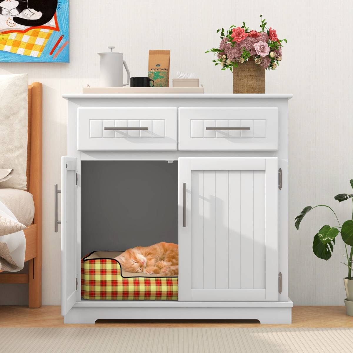 Maison Chic - Meuble pour Bac à Litière pour Chat Armoire Latérale pour Chat 2 Tiroirs Portes Doubles Dispositifs Anti-basculement Blanc - Image 2