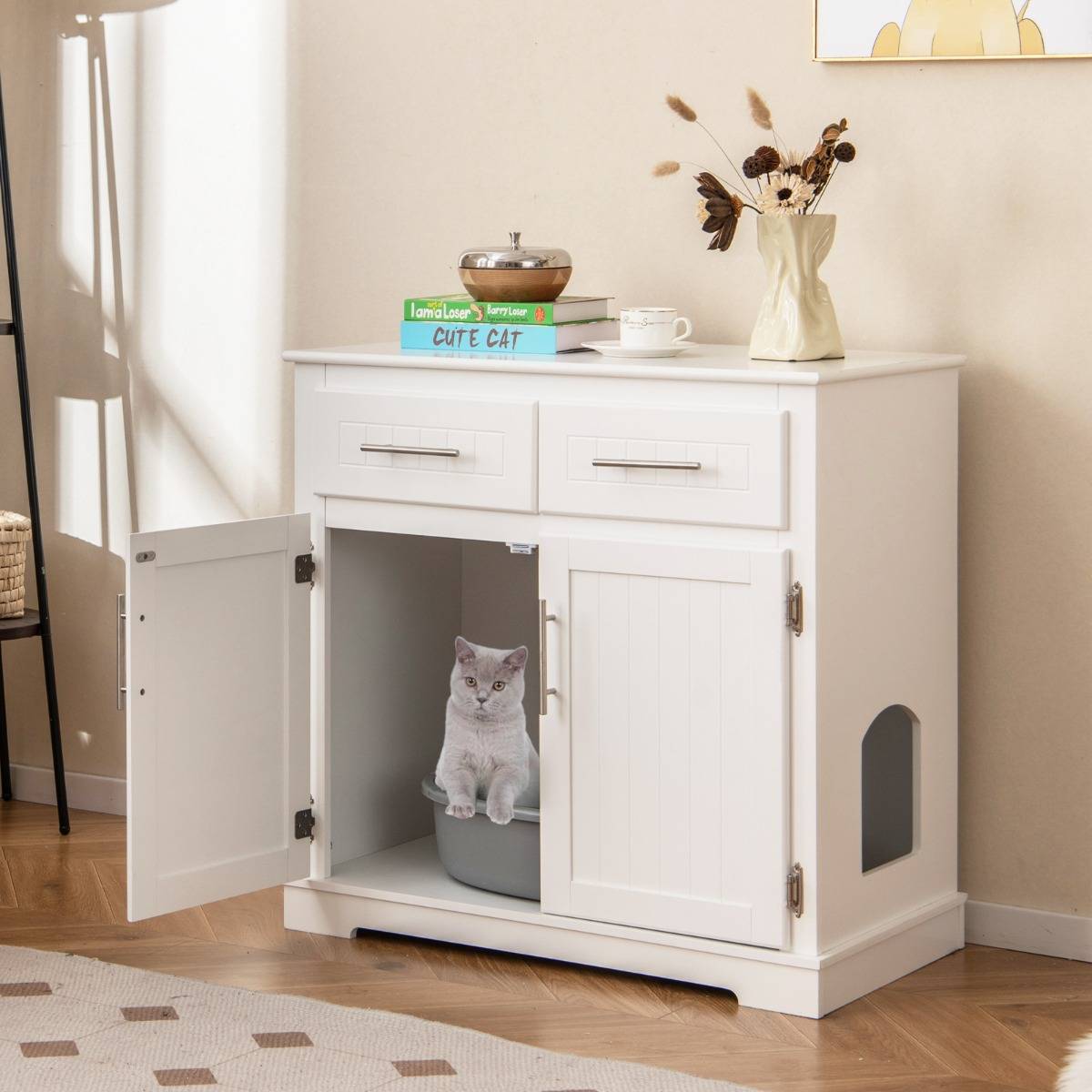 Maison Chic - Meuble pour Bac à Litière pour Chat Armoire Latérale pour Chat 2 Tiroirs Portes Doubles Dispositifs Anti-basculement Blanc - Image 5