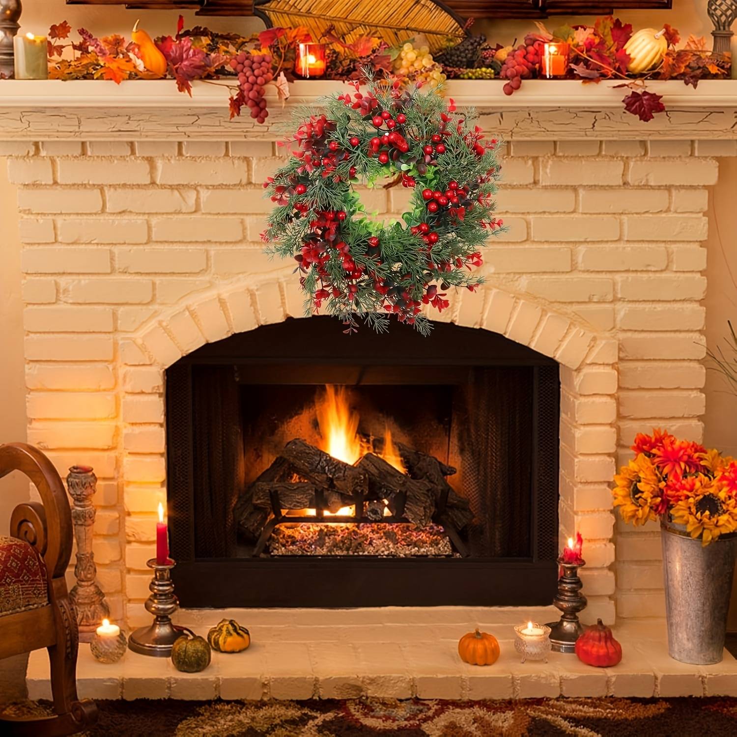 Couronne de Noël artificielle de 35 cm avec aiguilles de pin et baies rouges, pour décoration de porte d'entrée, couronnes de Noël - Image 5