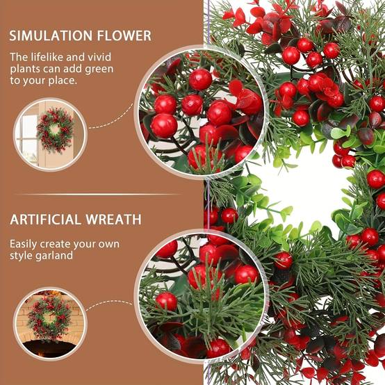 Couronne de Noël artificielle de 35 cm avec aiguilles de pin et baies rouges, pour décoration de porte d'entrée, couronnes de Noël - Image 7