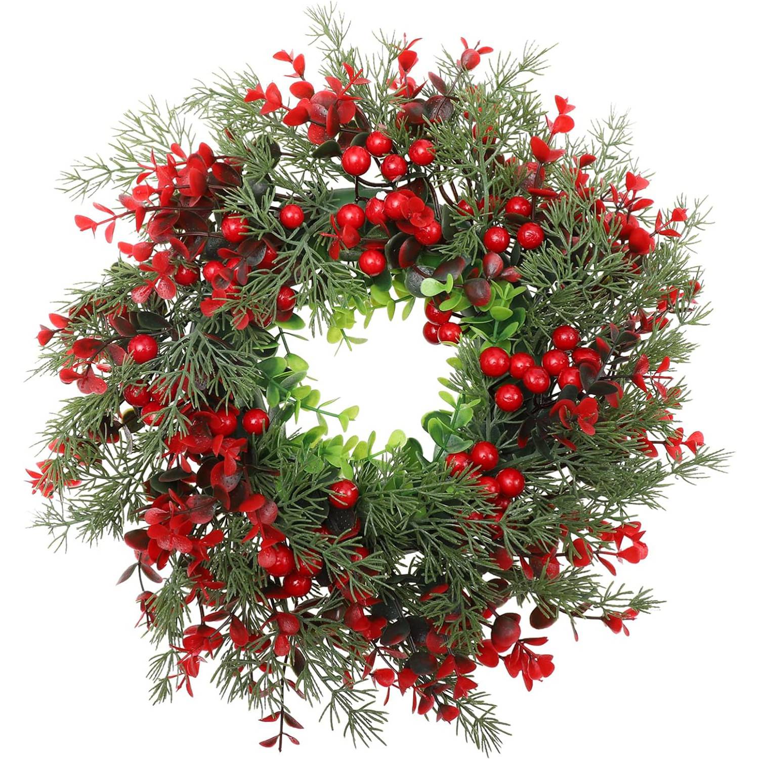 Couronne de Noël artificielle de 35 cm avec aiguilles de pin et baies rouges, pour décoration de porte d'entrée, couronnes de Noël - Image 2
