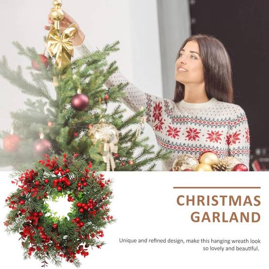 Couronne de Noël artificielle de 35 cm avec aiguilles de pin et baies rouges, pour décoration de porte d'entrée, couronnes de Noël - Image 9