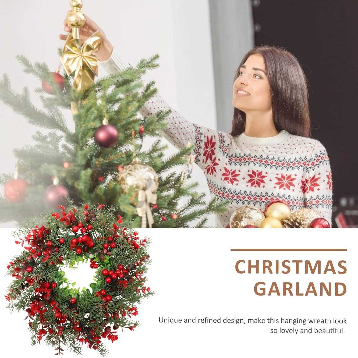 Couronne de Noël artificielle de 35 cm avec aiguilles de pin et baies rouges, pour décoration de porte d'entrée, couronnes de Noël - Image 9