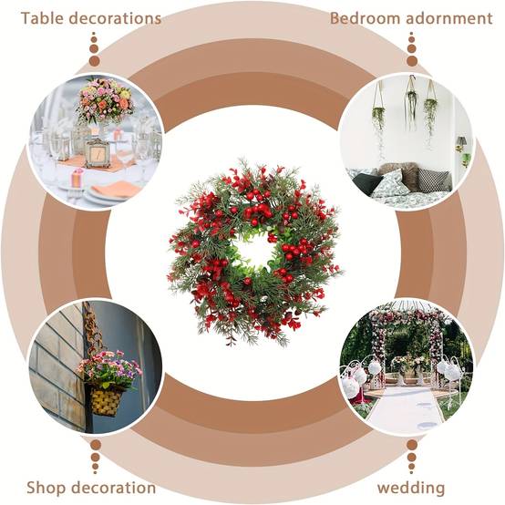 Couronne de Noël artificielle de 35 cm avec aiguilles de pin et baies rouges, pour décoration de porte d'entrée, couronnes de Noël - Image 8