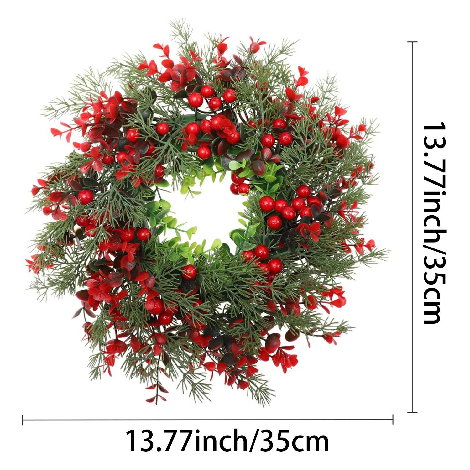 Couronne de Noël artificielle de 35 cm avec aiguilles de pin et baies rouges, pour décoration de porte d'entrée, couronnes de Noël - Image 6