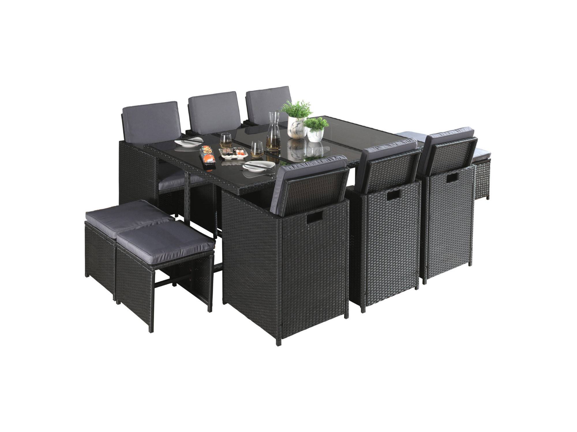 Best Mobilier - Fira - Salon de jardin encastrable 10 places - en résine tressée - Noir avec coussins gris + housse de protection - Best Mobilier - Imagen 8