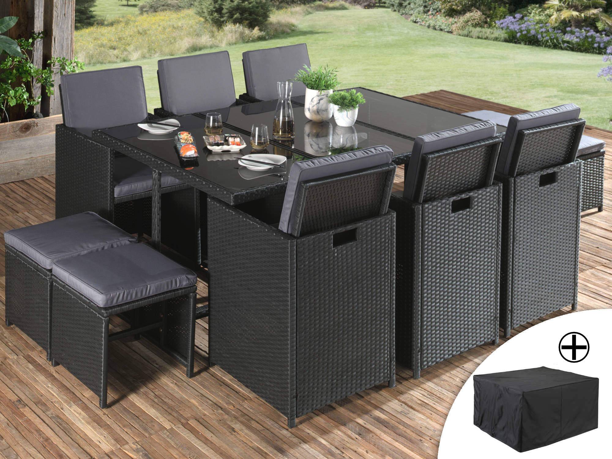 Best Mobilier - Fira - Salon de jardin encastrable 10 places - en résine tressée - Noir avec coussins gris + housse de protection - Best Mobilier - Imagen 2