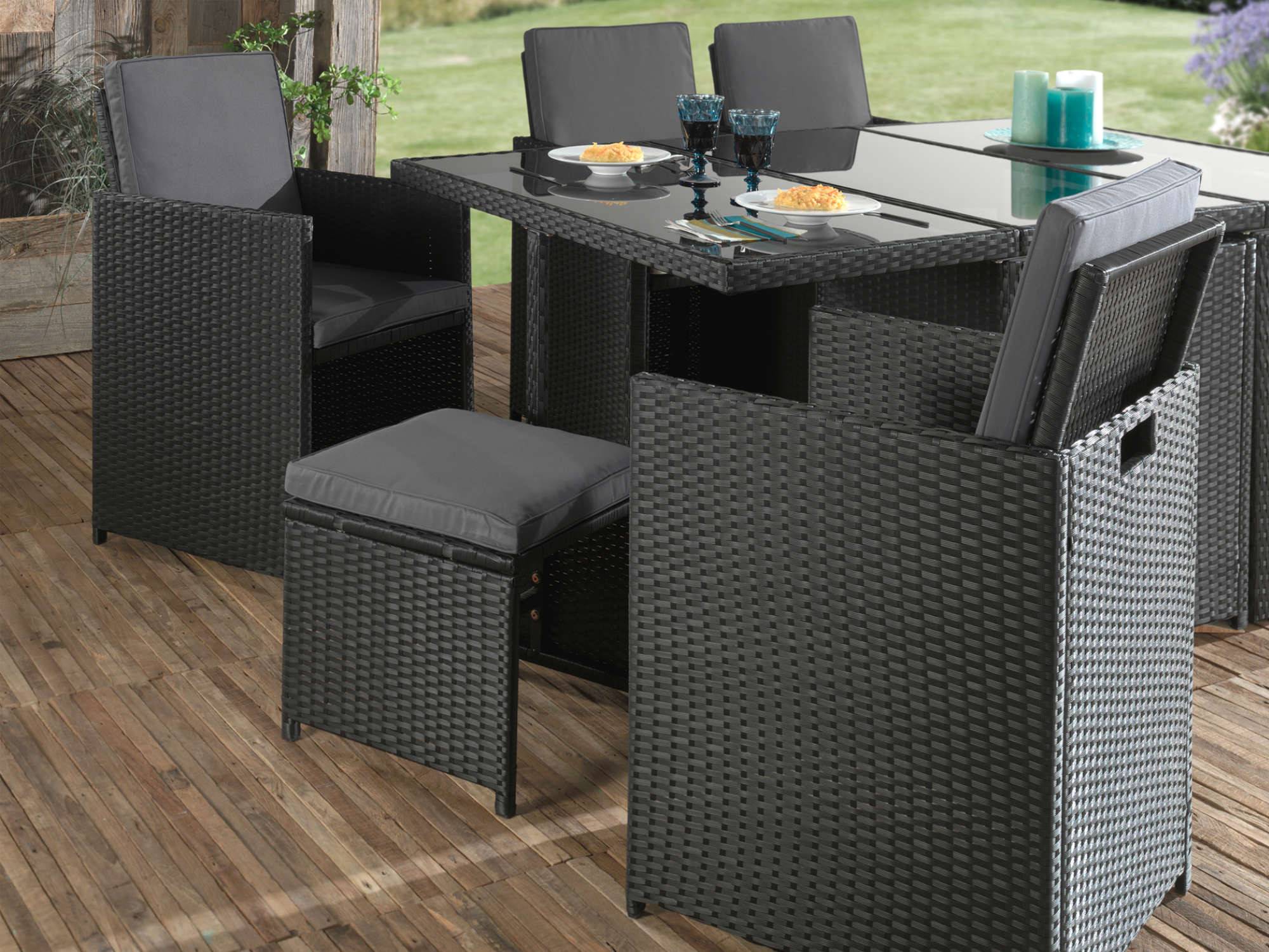 Best Mobilier - Fira - Salon de jardin encastrable 10 places - en résine tressée - Noir avec coussins gris + housse de protection - Best Mobilier - Imagen 3