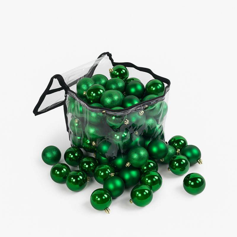 Lot de 60 boules de Noël 6cm Vertes (15 brillantes,15 mates,15 texturées,15 opalines) avec sac de rangement - Image 1