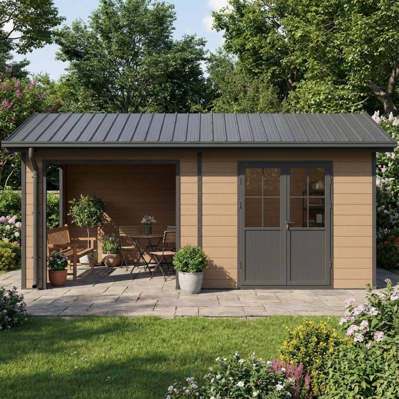 Abri de jardin 15m² avec terrasse bois composite 28mm marron Woodlife Garden