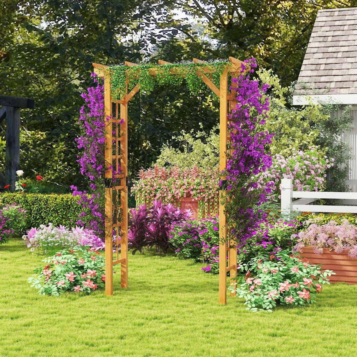 Arche de Jardin en Bois pour Plantes Grimpantes Arceau à Rosiers en Treillis 140x60x215CM Support de Toile de Fond Plat Orange MAISON CHIC - Image 2