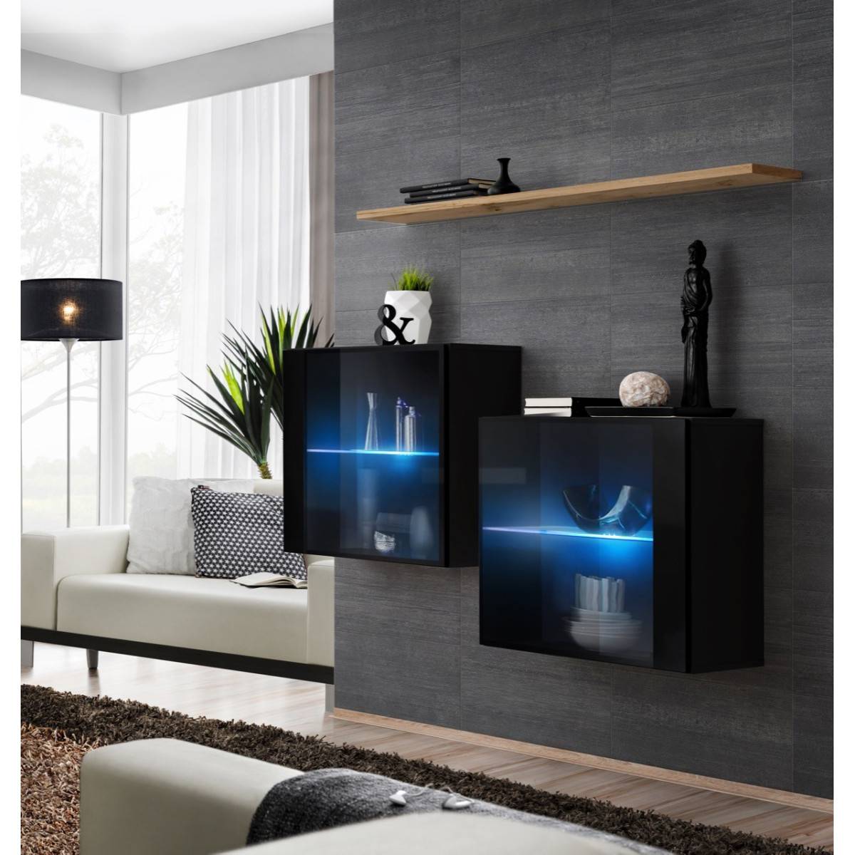 Lot de 2 Vitrines Murales & Étagère "Switch SBIII" 130cm Noir & Naturel - Image 1