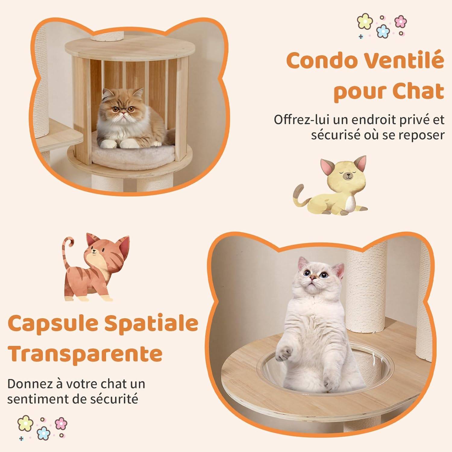 Arbre à Chat XXL 185 cm, 3 Plateformes, Capsule, Condo, Échelle à 3 Marches, Ø 11 cm Poteaux à Griffer, Arbre a Chat Maine Coon, Coussins en Peluche A - Image 3