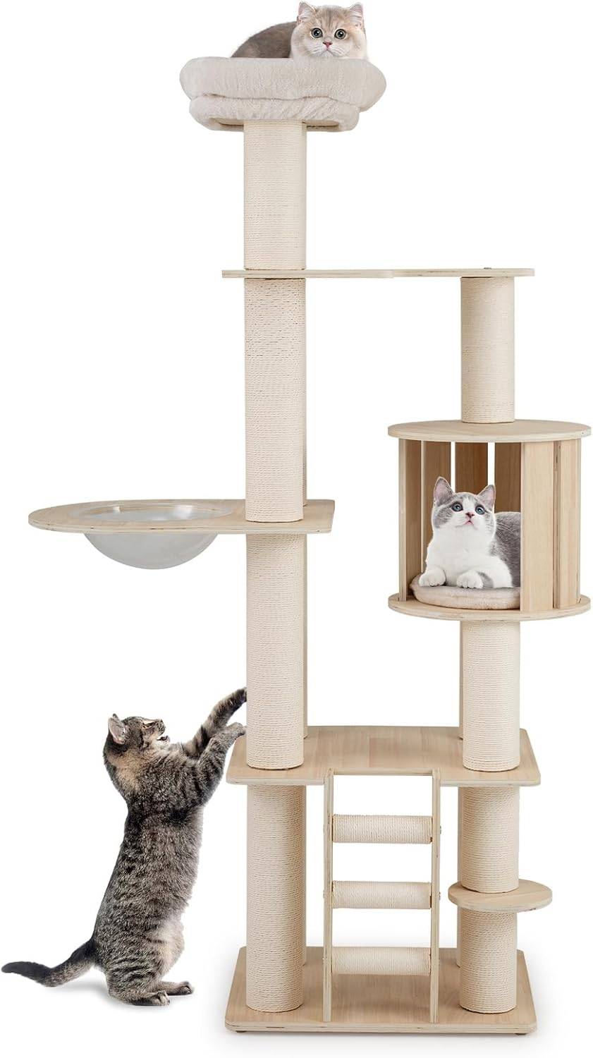 Arbre à Chat XXL 185 cm, 3 Plateformes, Capsule, Condo, Échelle à 3 Marches, Ø 11 cm Poteaux à Griffer, Arbre a Chat Maine Coon, Coussins en Peluche A - Image 1