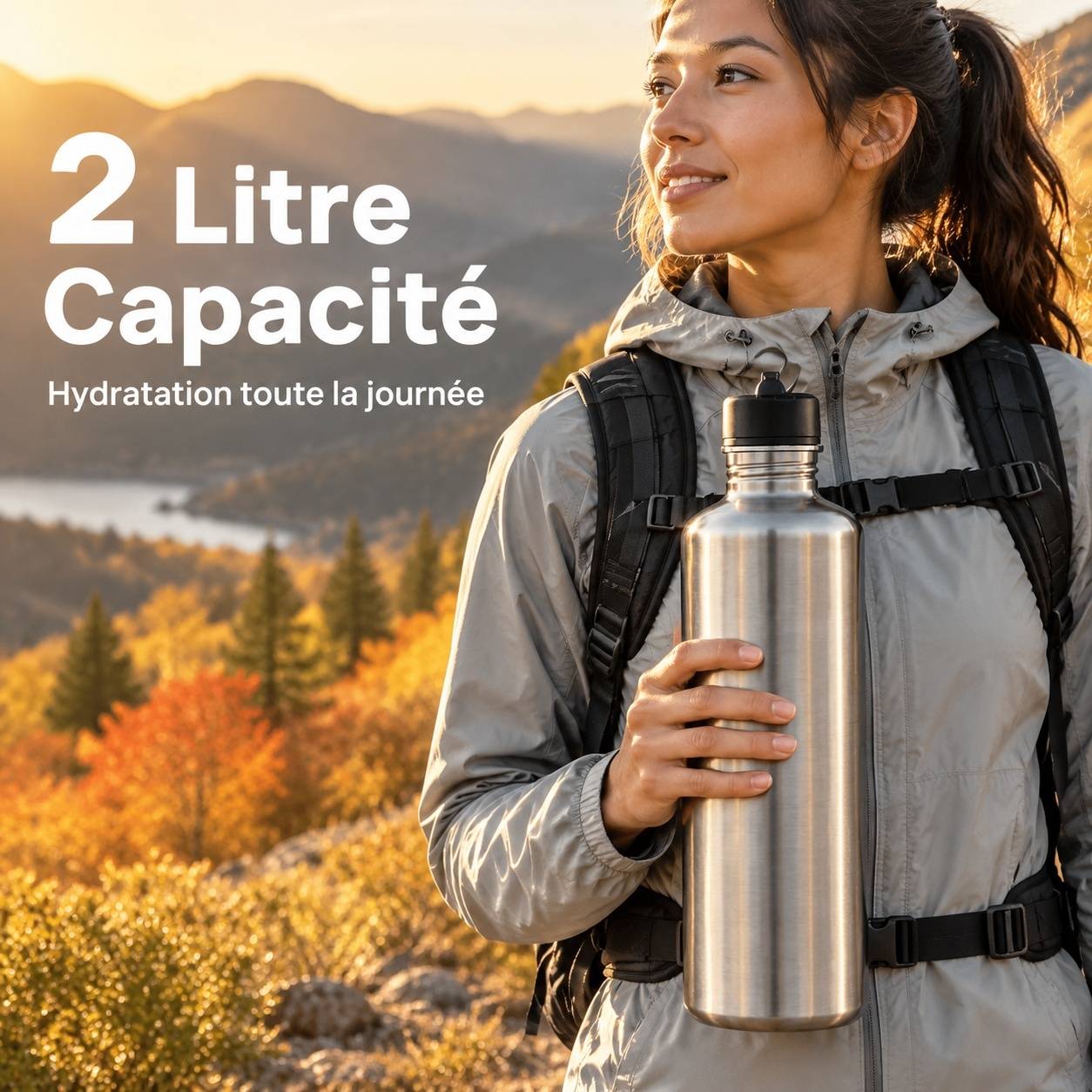 Bouteille Eau 2L Acier Inoxydable Avec 2 Couvercles Léger Pour Gym Randonnée Voyage - Image 3