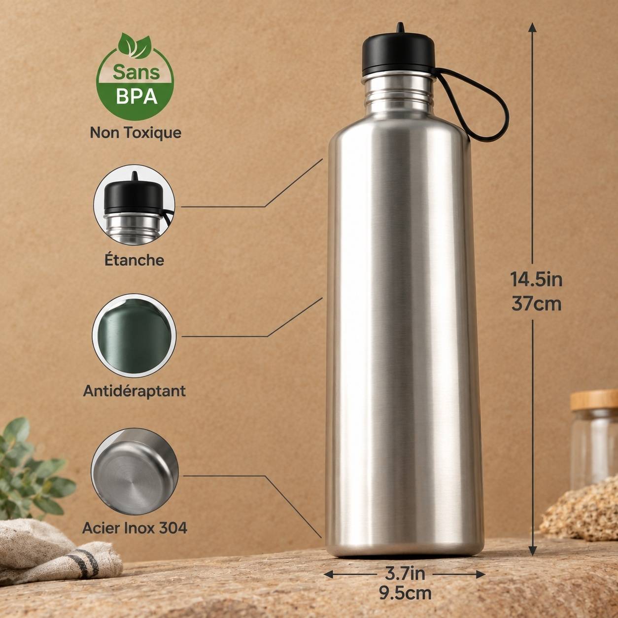 Bouteille Eau 2L Acier Inoxydable Avec 2 Couvercles Léger Pour Gym Randonnée Voyage - Image 5