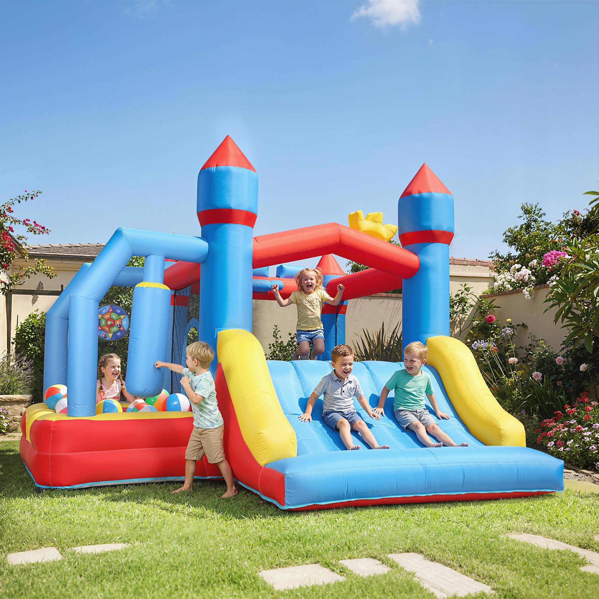 Château gonflable souffleur toboggan trampoline piscine cage boxe panier basket 277 × 270 × 215 cm - Image 3
