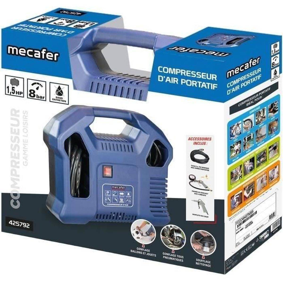 Mecafer - Compresseur d’air portable sans cuve 1,5 HP, 8 bar, kit 3 m, sans huile - MECAFER - Image 2