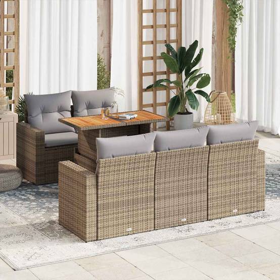 Salon de jardin 6 places beige avec accoudoirs résine tressée et bois table ajustable – ComfortXL Outdoor Living - Image 1