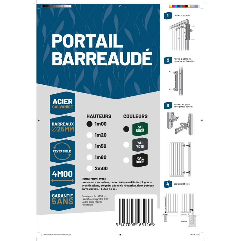 Portail barreaudé acier galvanisé passage 4m00 H 1m00 Vert - Easy Clôture - Imagen 4