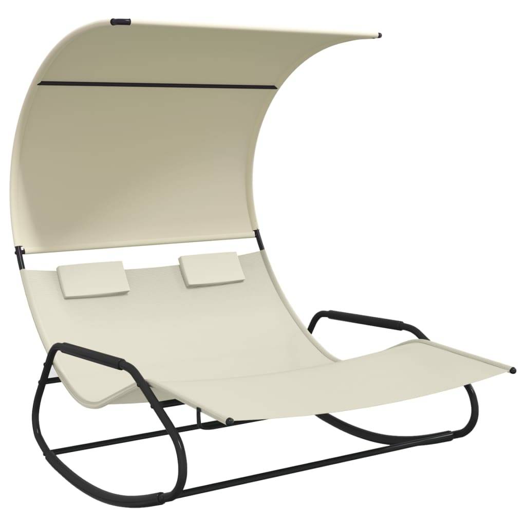 Helloshop26 - Transat chaise longue bain de soleil lit de jardin terrasse meuble d'extérieur double à bascule avec auvent 175,5 x 137,5 x 182,5 cm crème - Imagen 1
