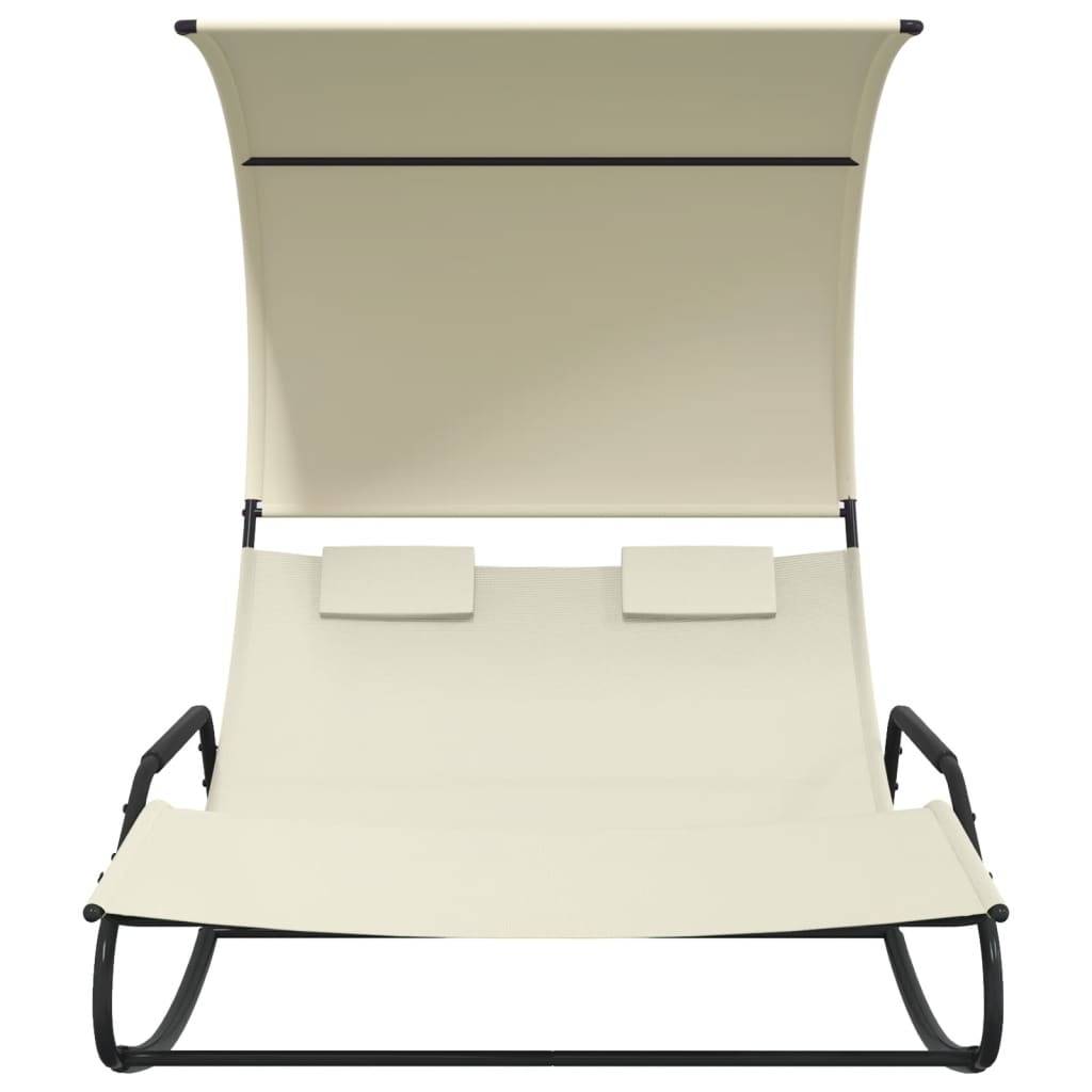 Helloshop26 - Transat chaise longue bain de soleil lit de jardin terrasse meuble d'extérieur double à bascule avec auvent 175,5 x 137,5 x 182,5 cm crème - Imagen 2
