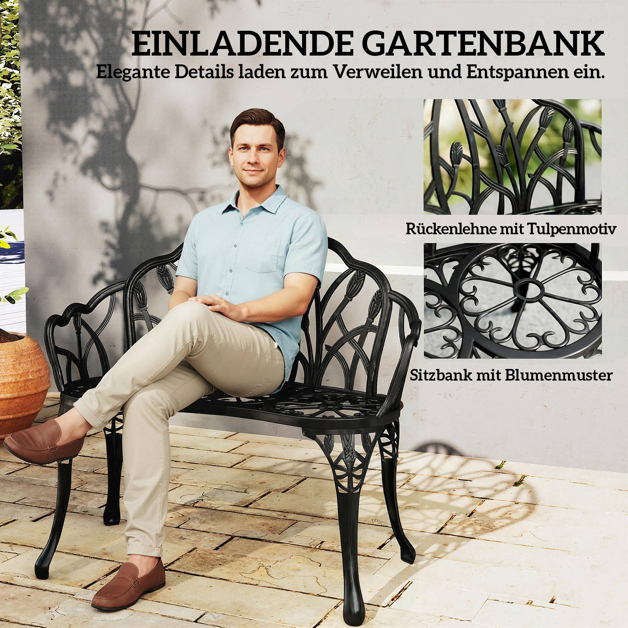 Banc de jardin 2 places : aluminium moulé, résistant, dossier tulipes, motif floral, 99x57x78 cm - Image 4