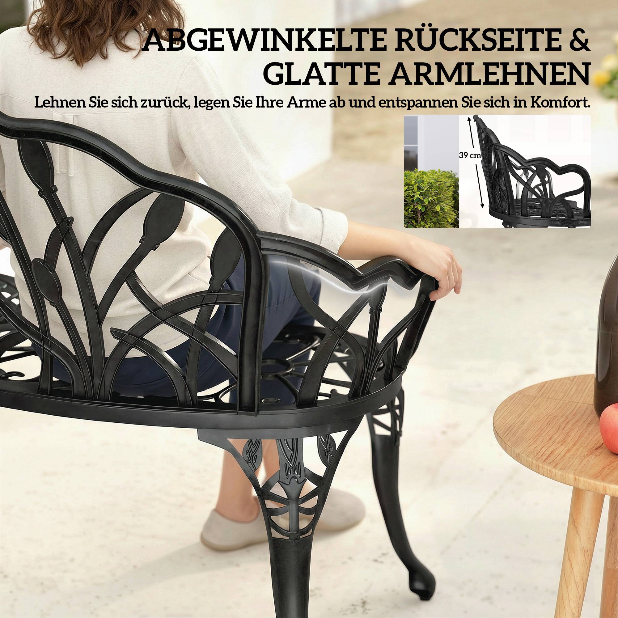 Banc de jardin 2 places : aluminium moulé, résistant, dossier tulipes, motif floral, 99x57x78 cm - Image 7